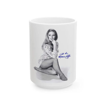 Veronica Carlson #10 - 8x10 B&W Glamour Full Body Dress & Stockings Shot #021 (Vintage Female Icon) White Coffee Mug-15oz-Go Mug Yourself