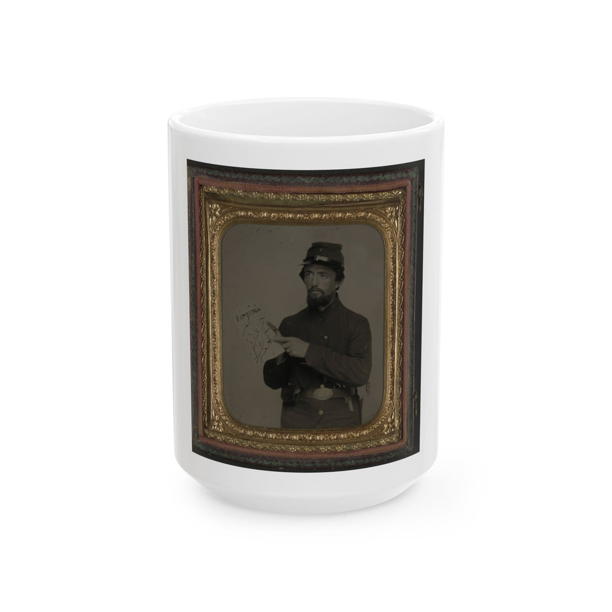 Unidentified Soldier In Union Uniform And U.S. Belt Buckle With Pistol Holding Hand-Drawn Map Of Virginia (U.S. Civil War) White Coffee Mug