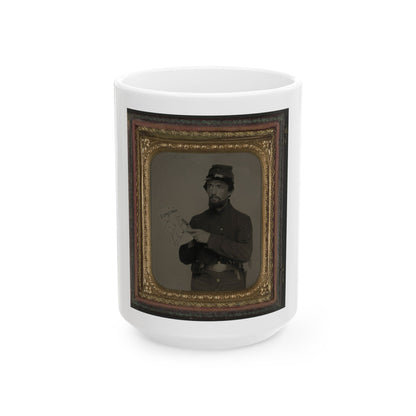 Unidentified Soldier In Union Uniform And U.S. Belt Buckle With Pistol Holding Hand-Drawn Map Of Virginia (U.S. Civil War) White Coffee Mug