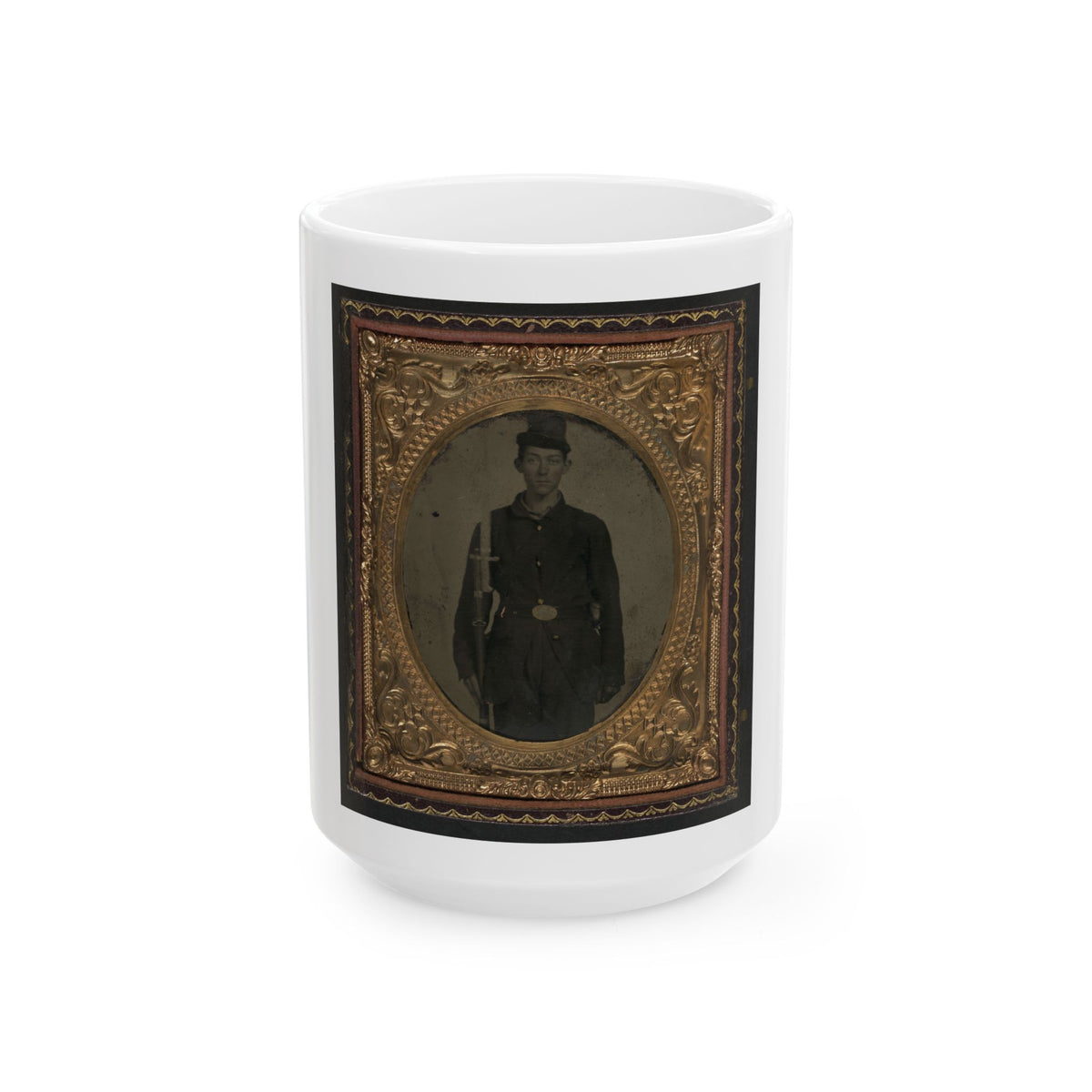 Unidentified Soldier In Union Sack Coat And Forage Cap With Cap Box, Musket, And Attached U.S. Model 1862  Zouave  Sword Bayonet (U.S. Civil War) White Coffee Mug