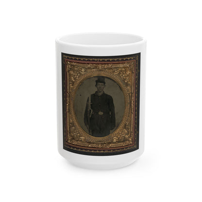 Unidentified Soldier In Union Sack Coat And Forage Cap With Cap Box, Musket, And Attached U.S. Model 1862  Zouave  Sword Bayonet (U.S. Civil War) White Coffee Mug