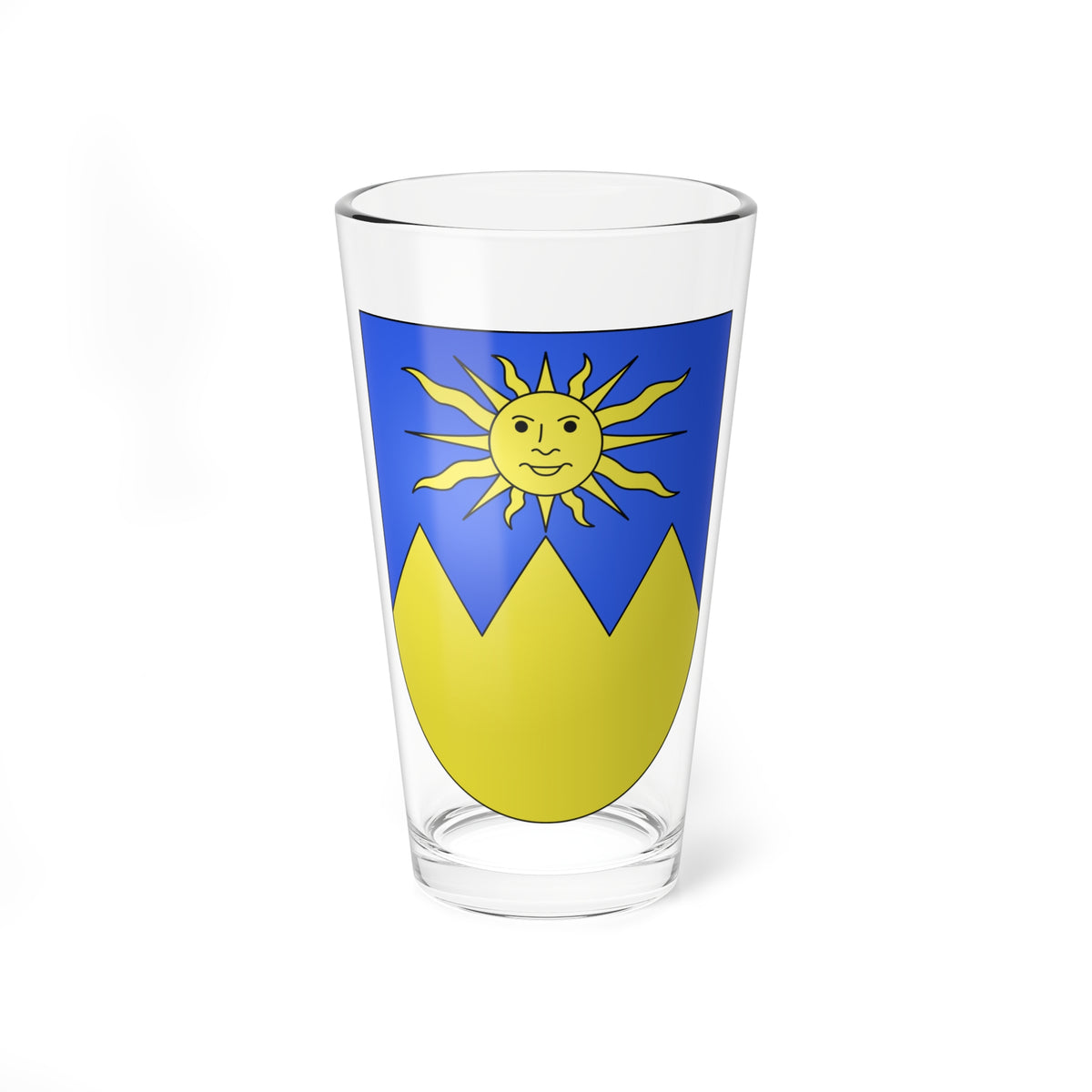 Blue heraldic shield with a yellow sun bearing a smiling face and wavy rays above a yellow zigzag base.