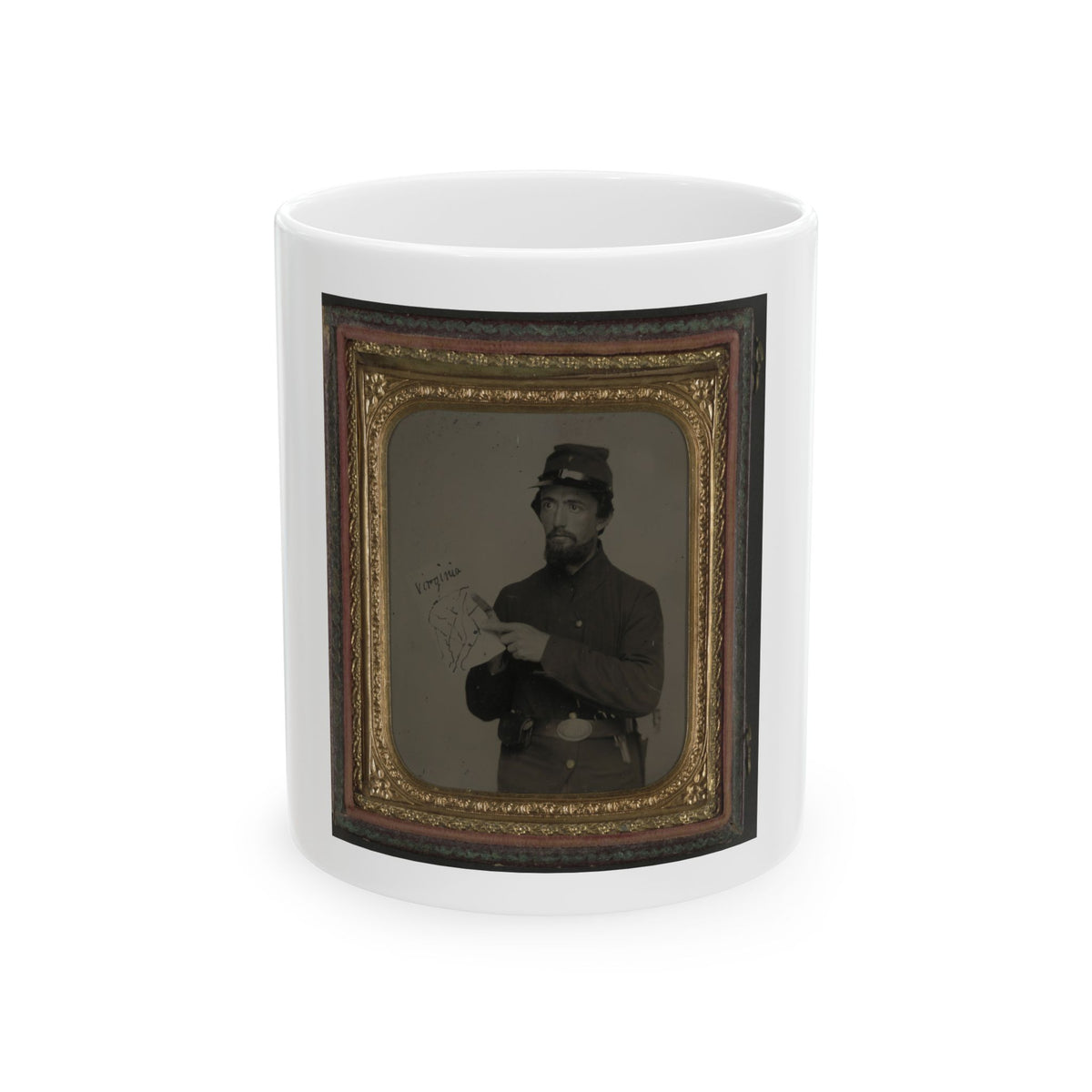 Antique tintype of a bearded soldier in a kepi holding a hand-drawn map labelled Virginia, in an ornate gold frame.