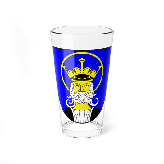 Blue heraldic shield with a bearded, crowned figure wearing a golden halo and a cross-topped crown.