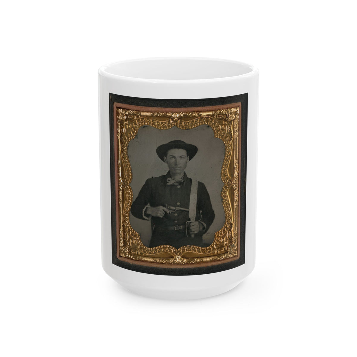 Unidentified Soldier In Confederate Uniform And Round Hat With Baby Colt Dragoon Revolver And D-Guard Bowie Knife (U.S. Civil War) White Coffee Mug