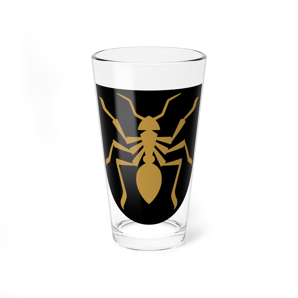 Black heraldic shield bearing a gold ant with long segmented legs and bent antennae in silhouette.