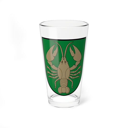 Tan crayfish with raised claws, seen from above, centred on a green heraldic shield.