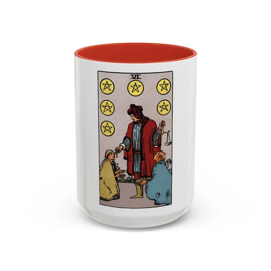 The 6 of Pentacles (Tarot Card) Accent Coffee Mug-15oz-Red-Go Mug Yourself