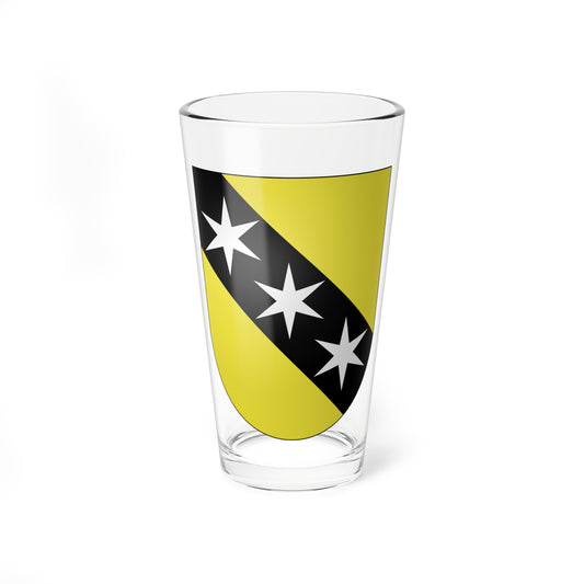 Heraldic shield split diagonally gold and black, with three silver six-pointed stars set along the black band.