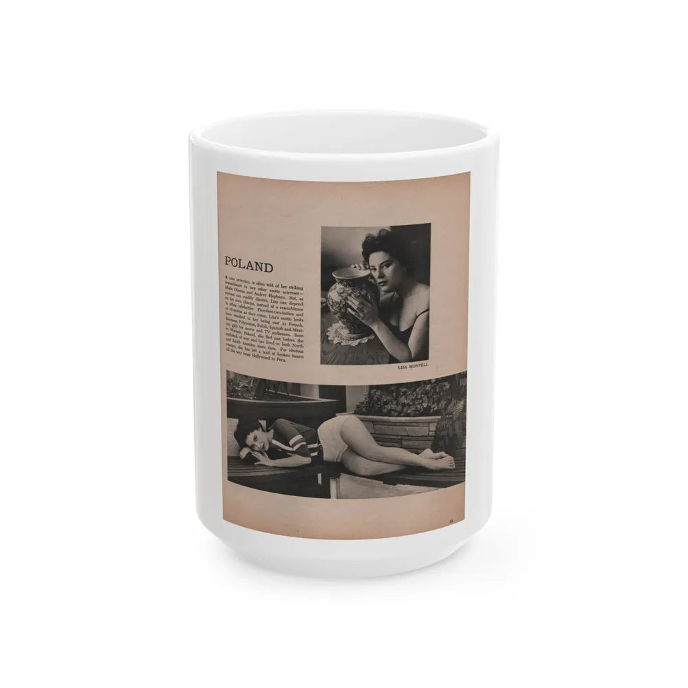 Lisa Montell #20 - International Pin-Ups Mag. '57 - 2 B&W Photos & Small Article (Vintage Female Icon) White Coffee Mug-15oz-Go Mug Yourself