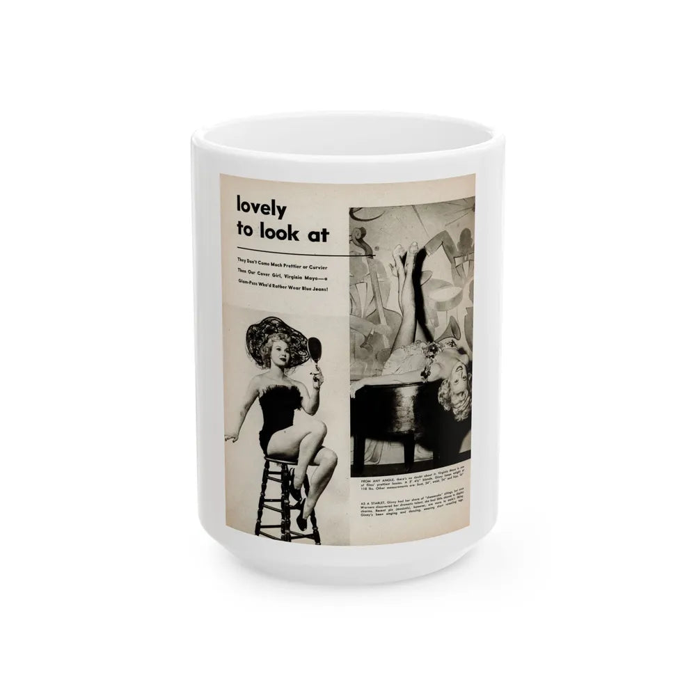 Virginia Mayo #227 - 1 Page, Medium Sized 2 B&W Photos & Captions from Movie Star Magazine Circa Late '40s (Vintage Female Icon) White Coffee Mug-15oz-Go Mug Yourself