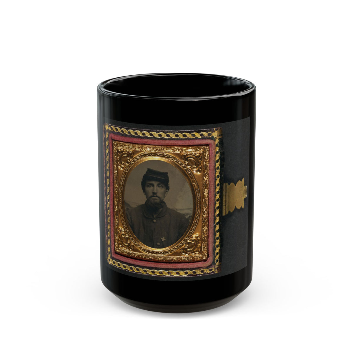 Unidentified Soldier In Union Uniform With 6th Corps Badge In Front Of Painted Backdrop Showing Landscape 001 (U.S. Civil War) Black Coffee Mug