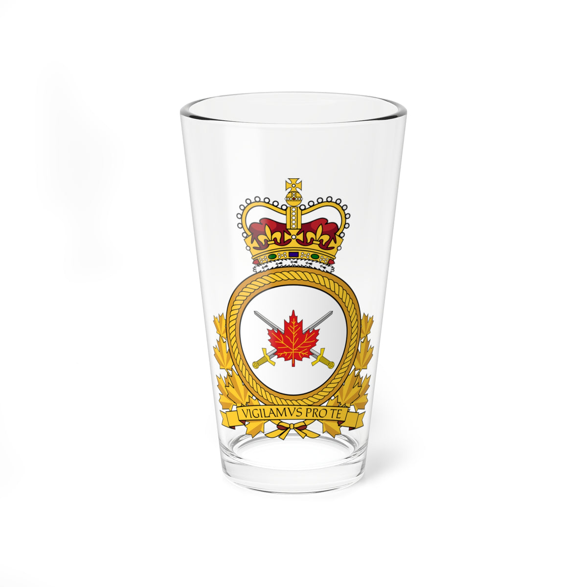 Gold rope-edged military badge with a red maple leaf and crossed swords, topped by a crown and motto ribbon.