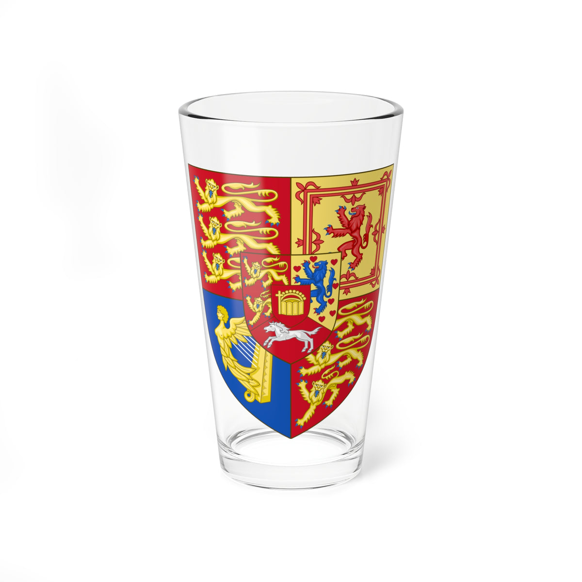 Quartered heraldic shield in red, yellow and blue with lions, a harp, and a small central inescutcheon with a horse.
