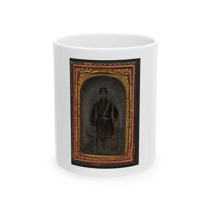 Unidentified Soldier In Union Frock Coat And Forage Cap With Saber And Musket (U.S. Civil War) White Coffee Mug