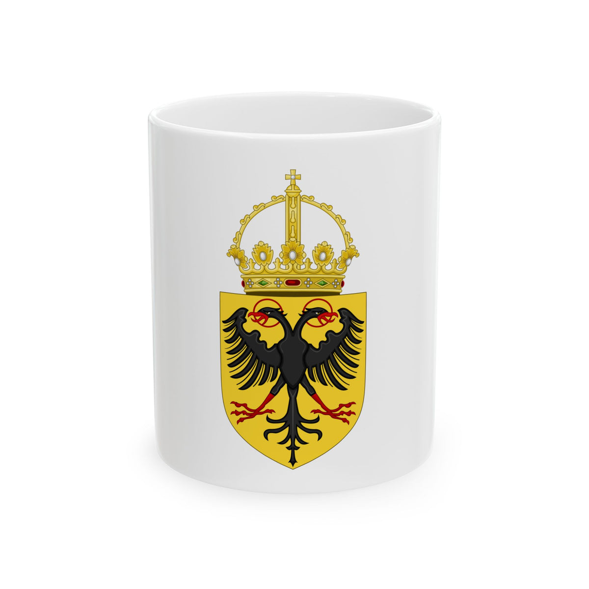 Black double-headed eagle with red talons spread across a gold heater shield beneath a jewelled gold crown.