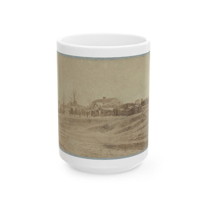 A Camp Made Up Of Small Cabins That Surround A Large Building (U.S. Civil War) White Coffee Mug