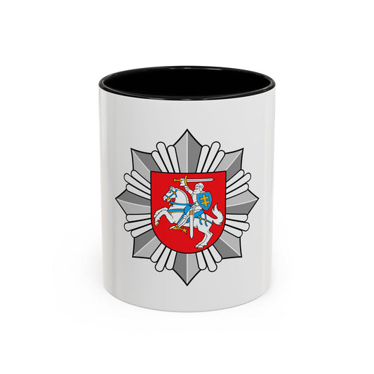 Silver eight-pointed star badge around a red shield with a white armoured rider on a horse, raising a sword.
