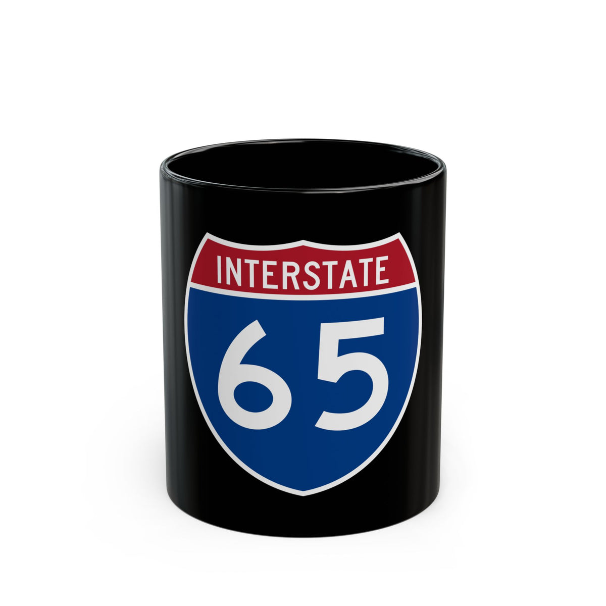 Blue Interstate 65 shield with a red band reading INTERSTATE and the number 65 in large white digits.