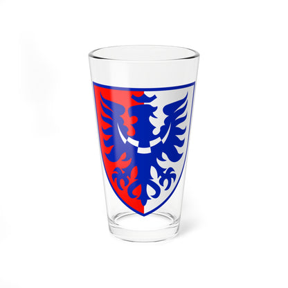 Blue heraldic eagle with spread wings on a shield divided red and white, outlined in blue, in flat vector style.