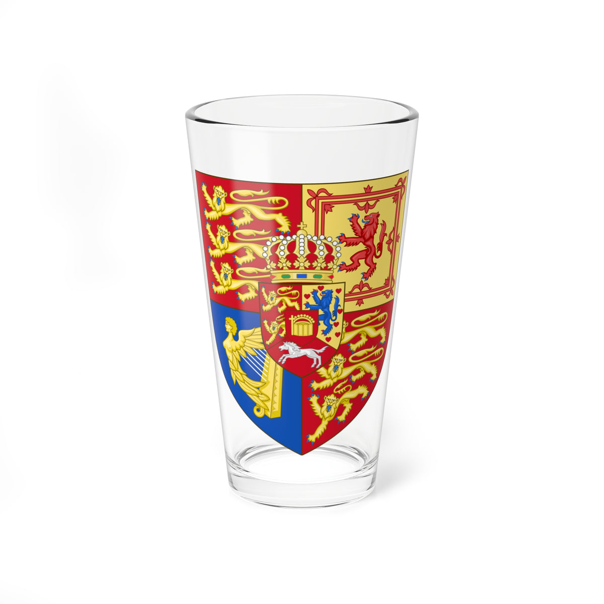 Quartered heraldic shield in red, gold and blue with gold and red lions, a harp, a white horse and a pearl crown.