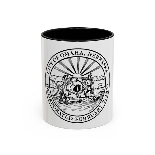 Black and white civic seal of Omaha, Nebraska, with a settler, a Native figure and a bison shield under a sunburst.