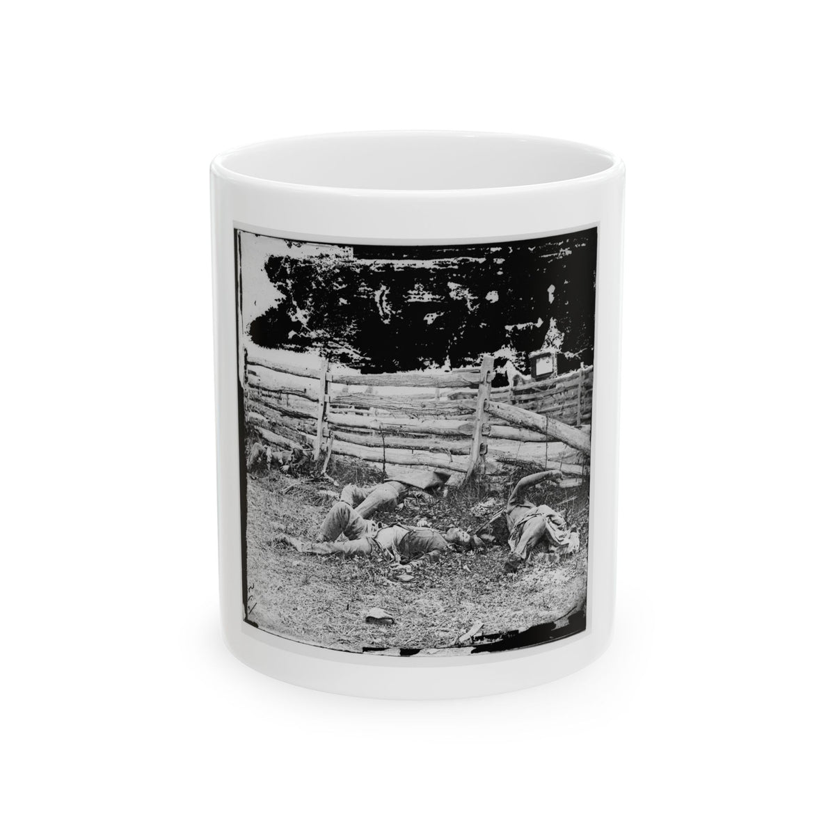 Black and white 1860s view of three figures lying in grass beside a split-rail fence and dark trees.
