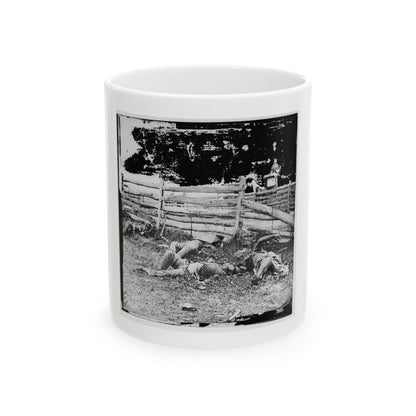 Black and white 1860s view of three figures lying in grass beside a split-rail fence and dark trees.