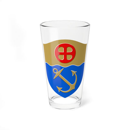 Gold anchor on a blue field below a red roundel with four gold quarters on a heraldic shield.