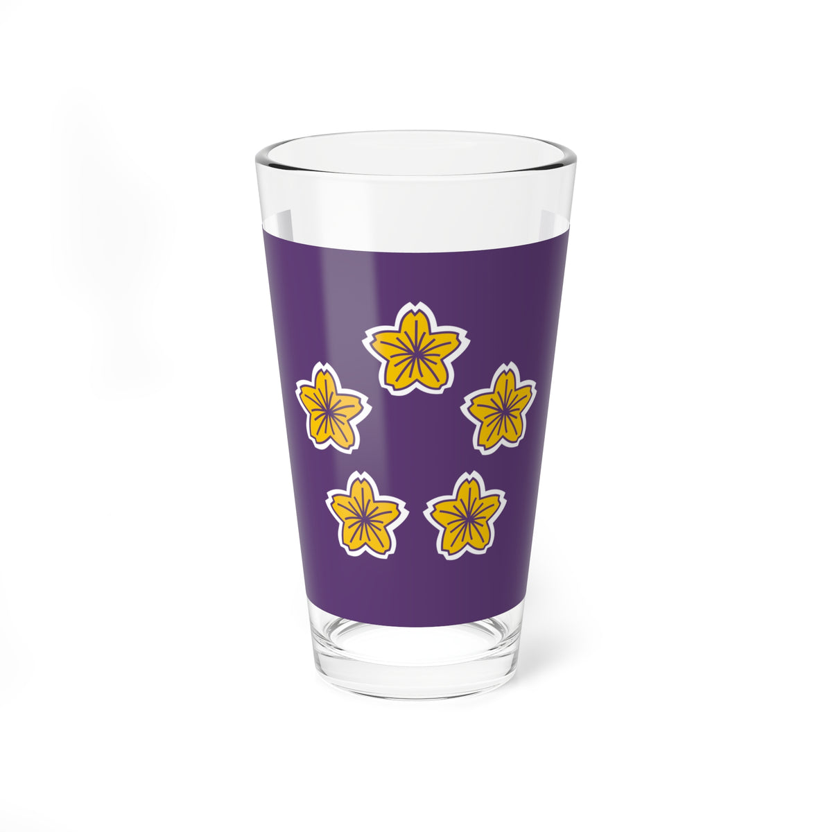 Five yellow flowers with white outlines arranged in a circle on a solid purple background.