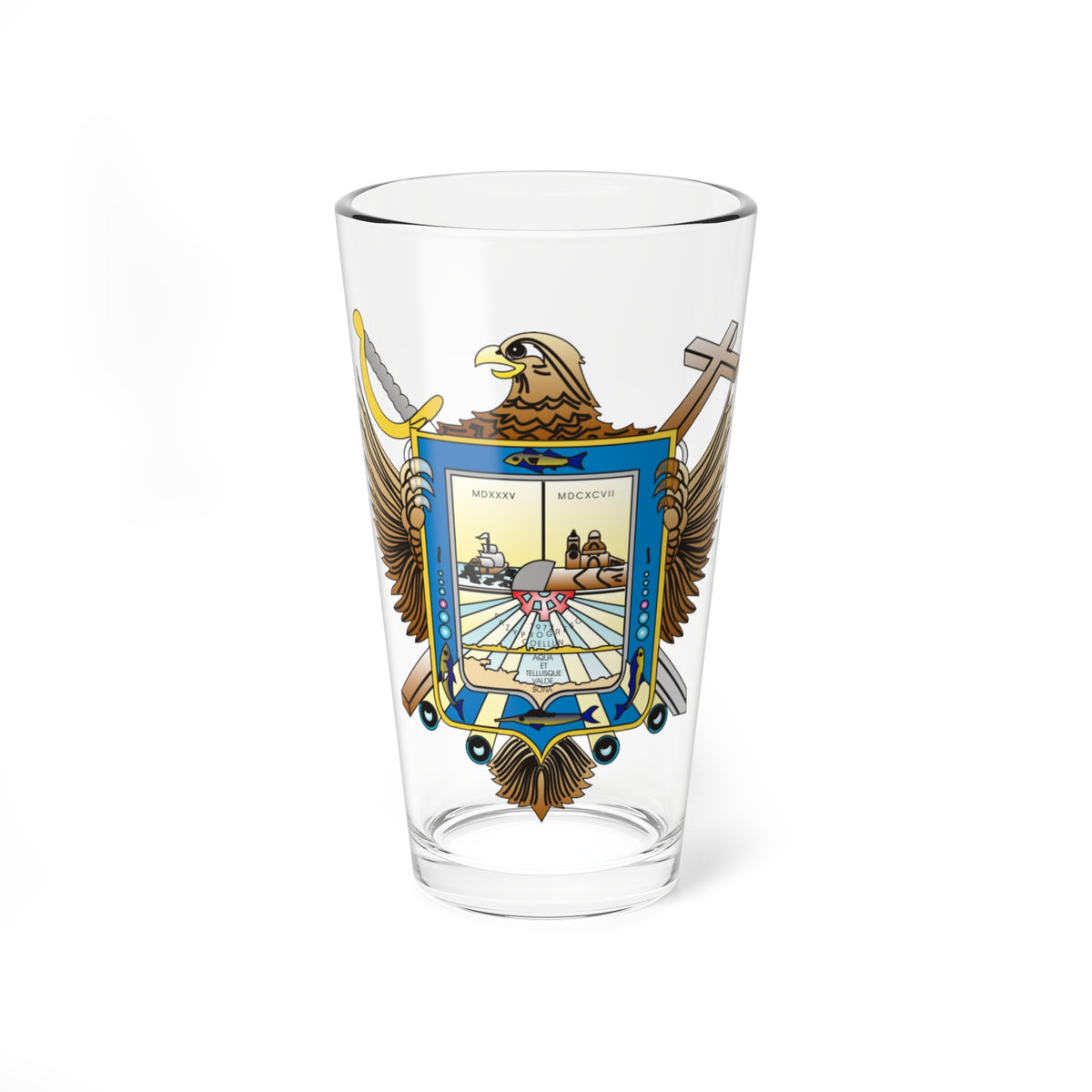 Detailed civic coat of arms with an eagle crest, crossed sword and cross, a ship and church, and Latin inscriptions.