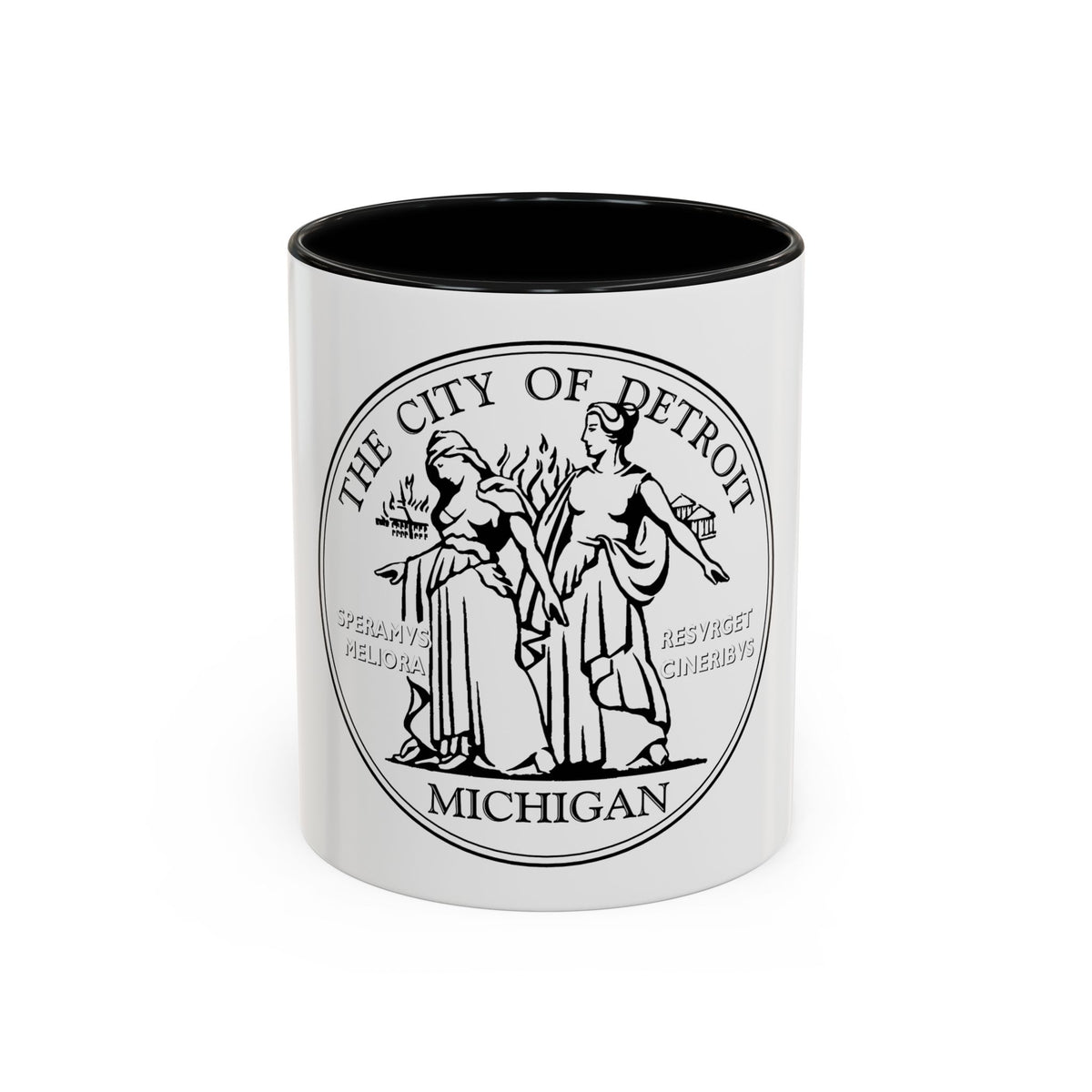 Black and white circular seal of Detroit, Michigan, with two draped allegorical women and rising flames.