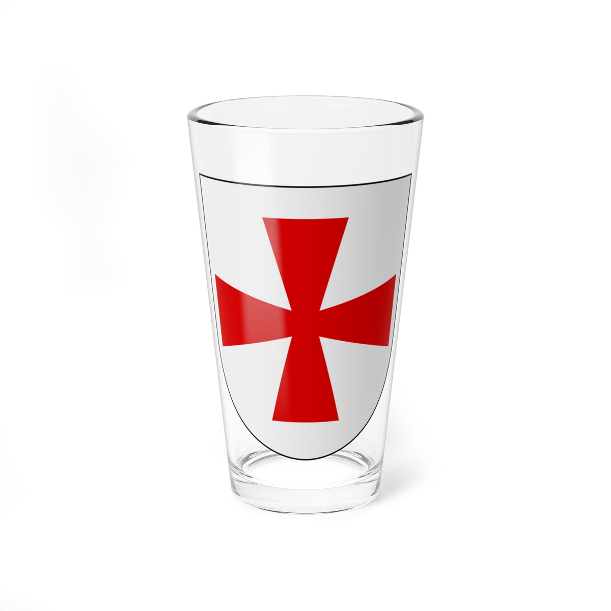 Solid red flared cross centred on a light grey heraldic shield with a thin black outline, flat vector style.