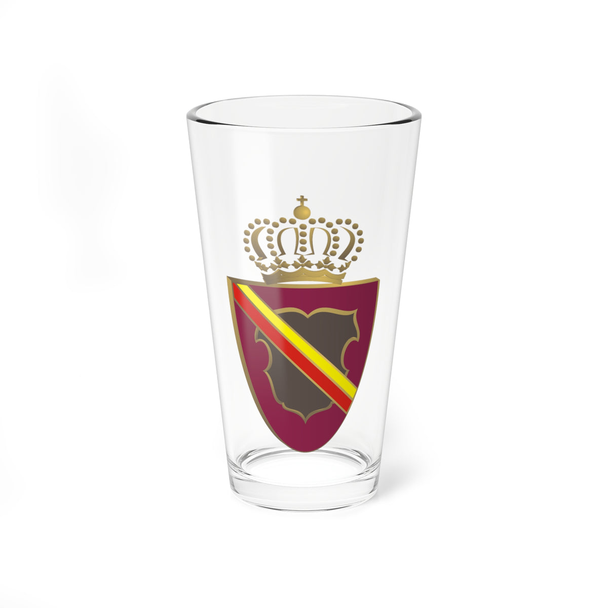 Maroon heraldic shield with a red and yellow diagonal band, a grey inescutcheon, and a gold crown on top.