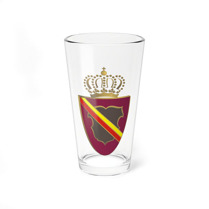 Maroon heraldic shield with a red and yellow diagonal band, a grey inescutcheon, and a gold crown on top.