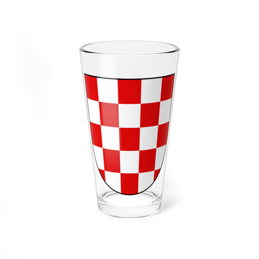 Heater-shaped shield in a five-by-five grid of alternating red and white squares, outlined in black.