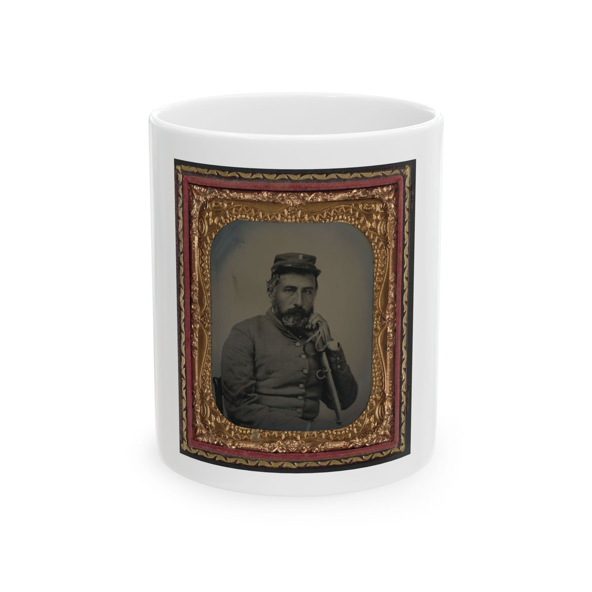 Unidentified Soldier In Confederate Sargeant's Uniform And Company B Hat With Saber (U.S. Civil War) White Coffee Mug