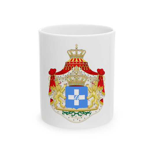 Ornate coat of arms with two golden lions, a royal crown, red mantling and a blue shield bearing a white cross.