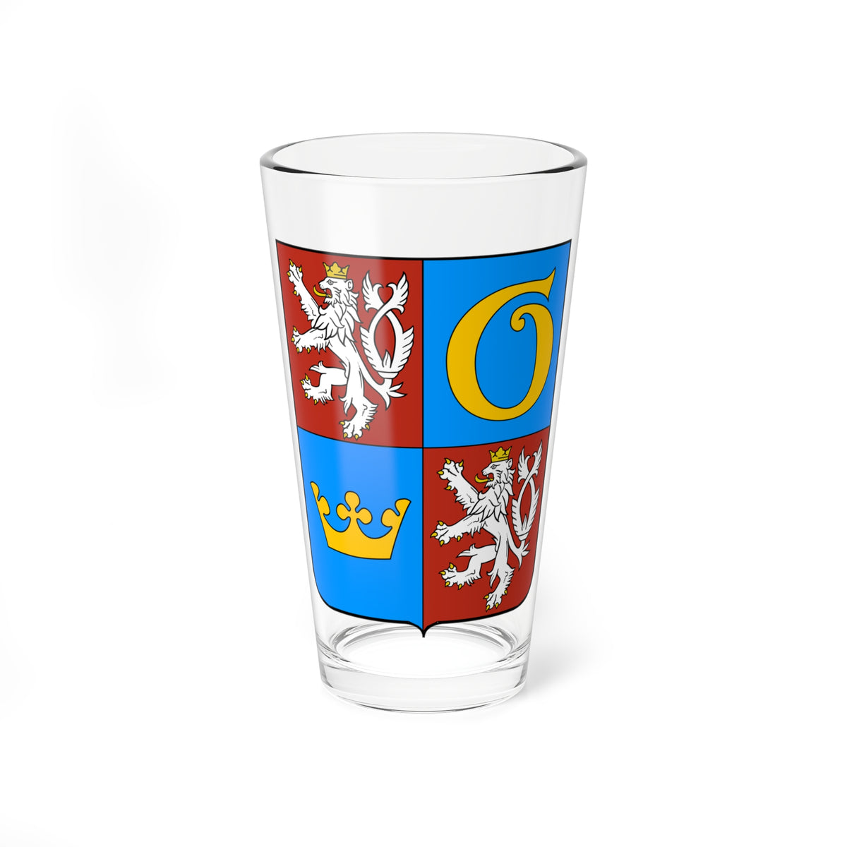 Quartered heraldic shield with red and blue fields, two white crowned lions rampant and a gold crown.