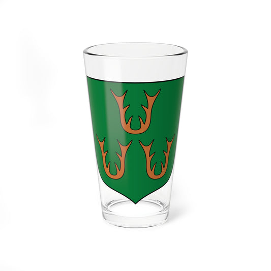 Three copper antler shapes arranged in a triangle on a green heater-shaped heraldic shield, in flat vector style.