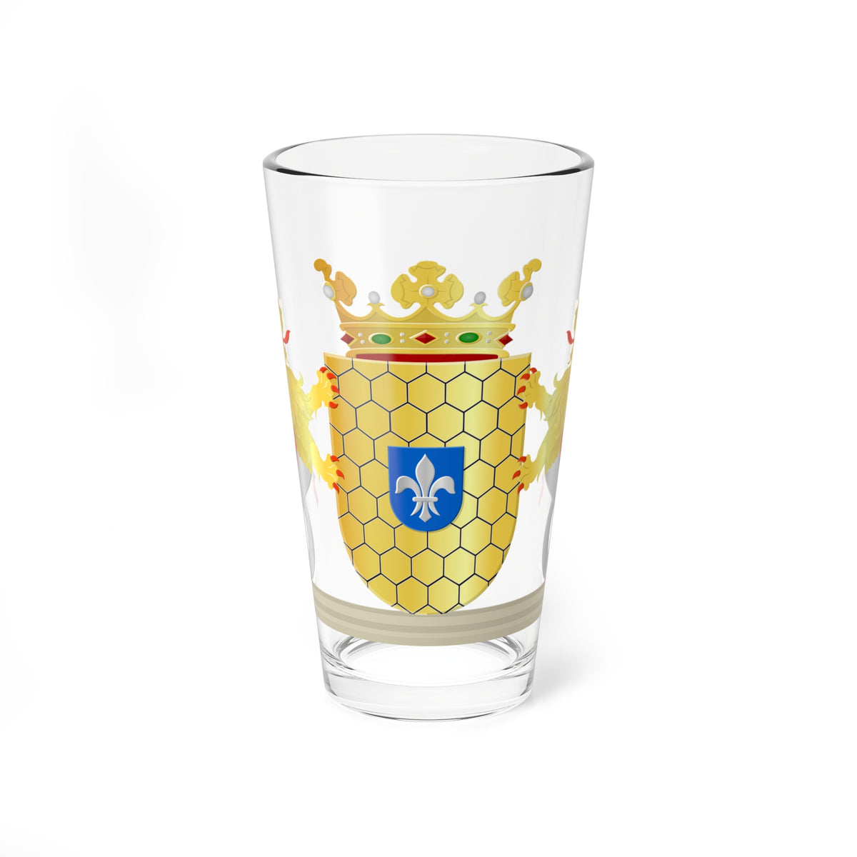 Gold honeycomb-patterned heraldic shield with a blue fleur-de-lis, flanked by two golden wyverns under a crown.