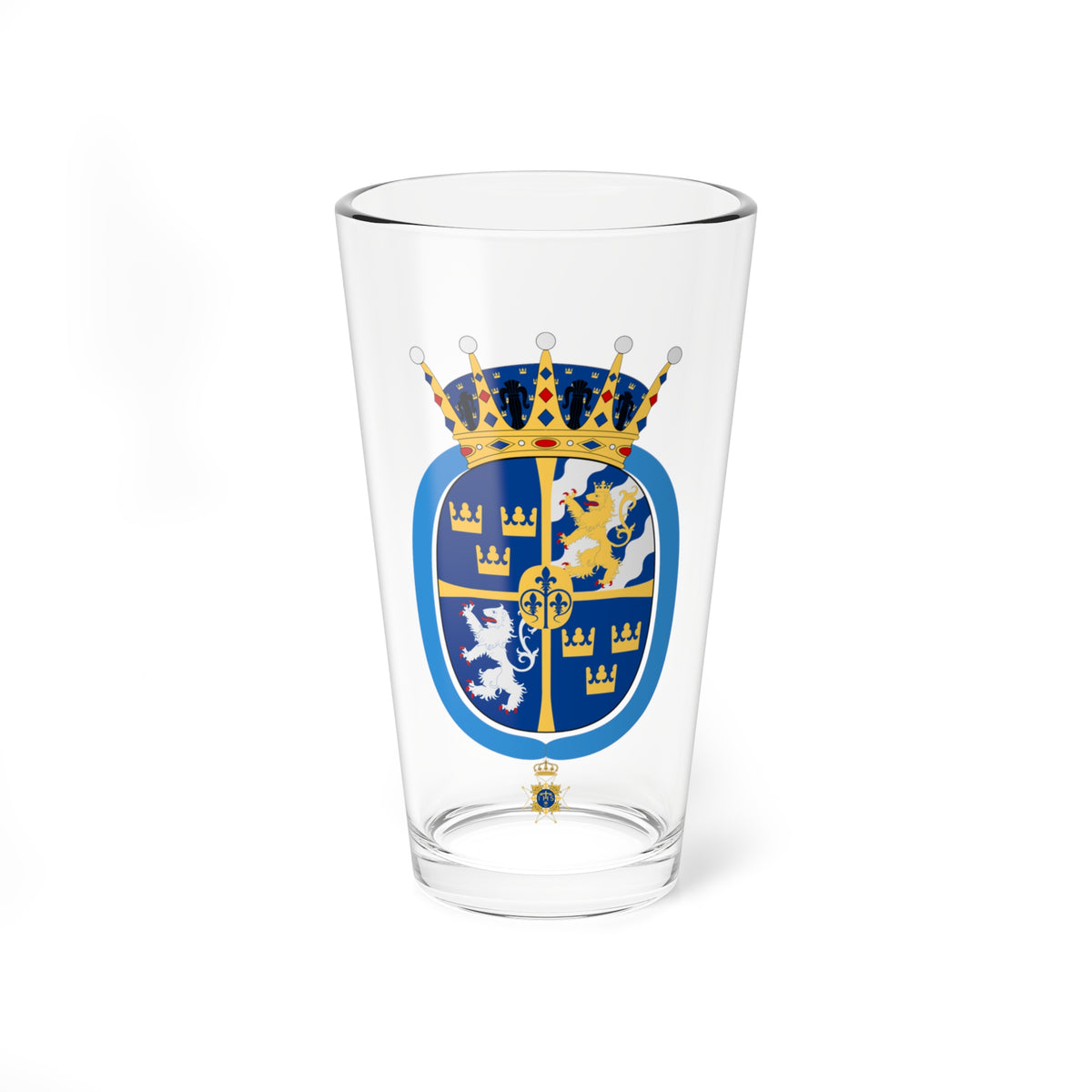 Heraldic coat of arms with gold and white lions, three crowns and blue fleurs-de-lis, on a blue ribbon.