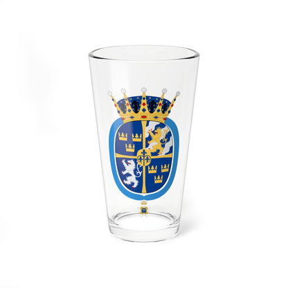 Heraldic coat of arms with gold and white lions, three crowns and blue fleurs-de-lis, on a blue ribbon.
