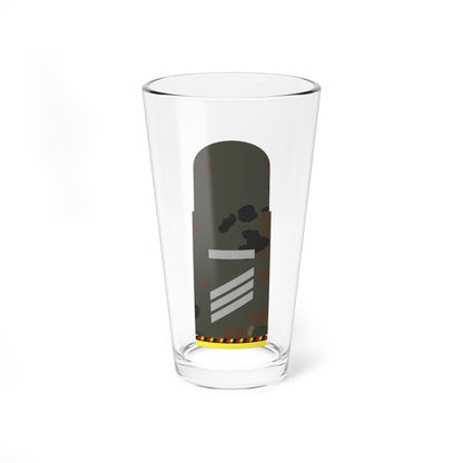 Olive camouflage military shoulder board with three grey chevron stripes and a red, black and yellow hazard edge.