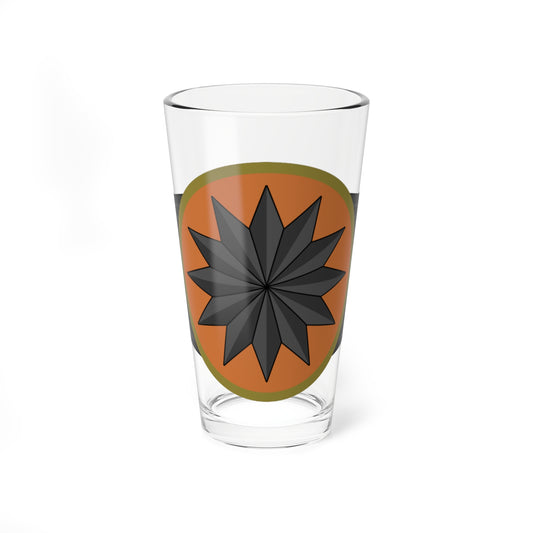 Orange medallion with an olive rim and black twelve-point star, flanked by tapering dark striped ribbon wings on white.