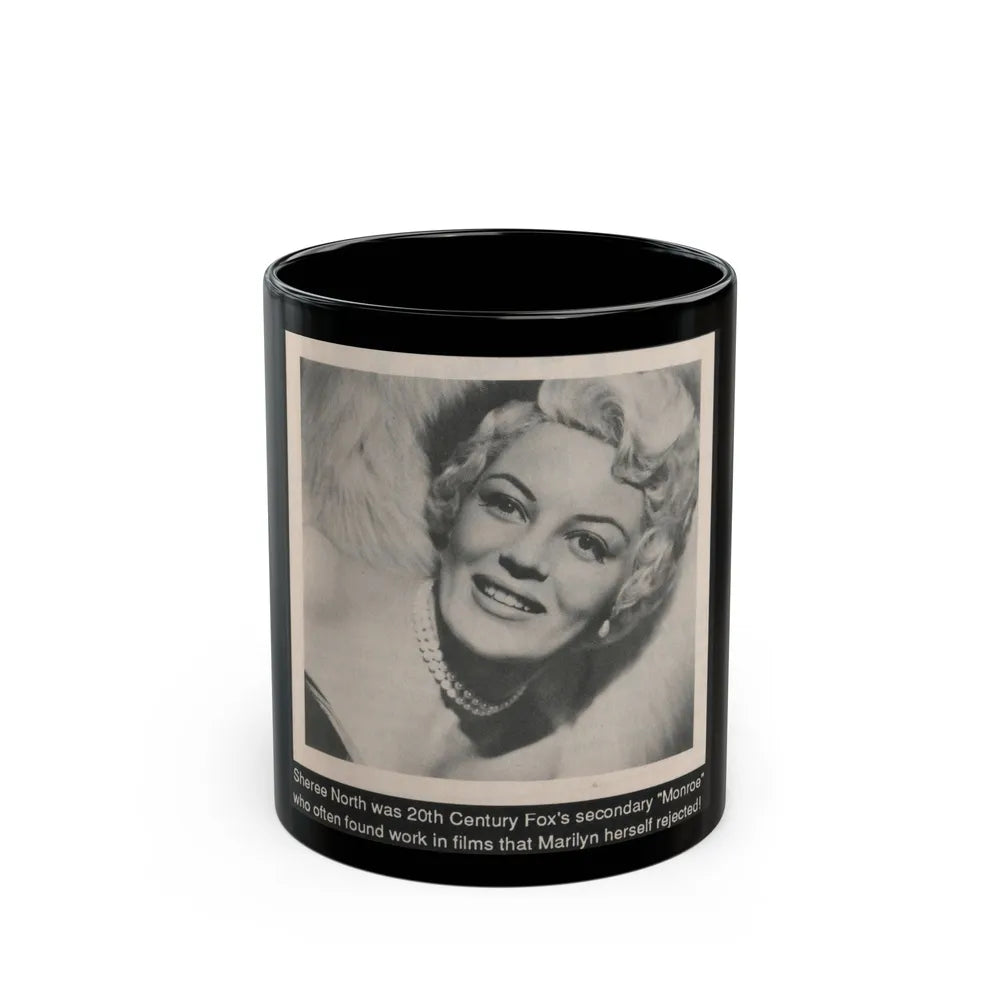 Sheree North #341 - 3x5 Small B&W Glamour Portriat Clipping with, Caption from 1950's Movie Star Magazine (Vintage Female Icon) Black Coffee Mug-11oz-Go Mug Yourself