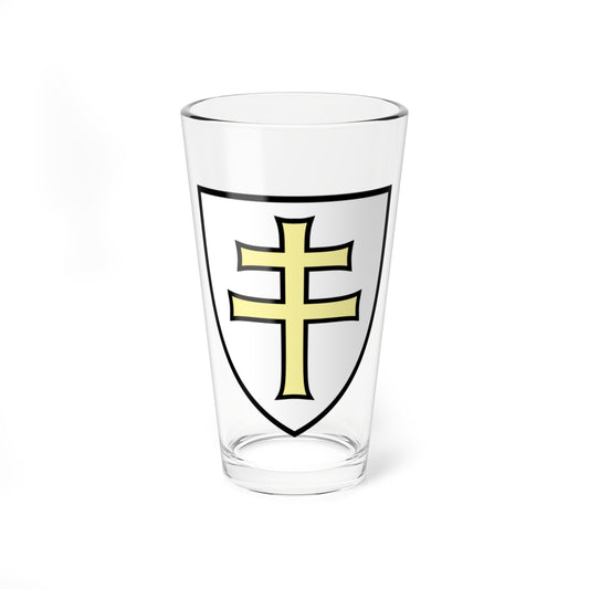 Pale yellow triple-barred cross with black outline inside a black-outlined heraldic shield on white, line art style.