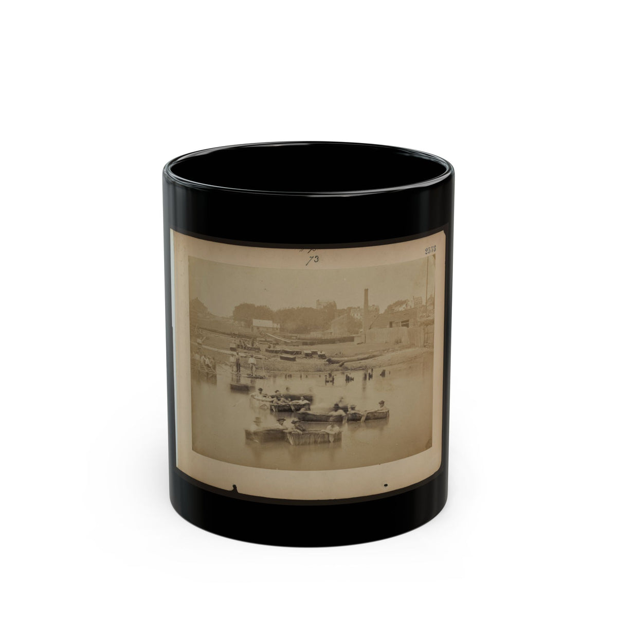 Military Construction In Northern Virginia  Men Sitting In Blanket Boats On The Potomac River (U.S. Civil War) Black Coffee Mug