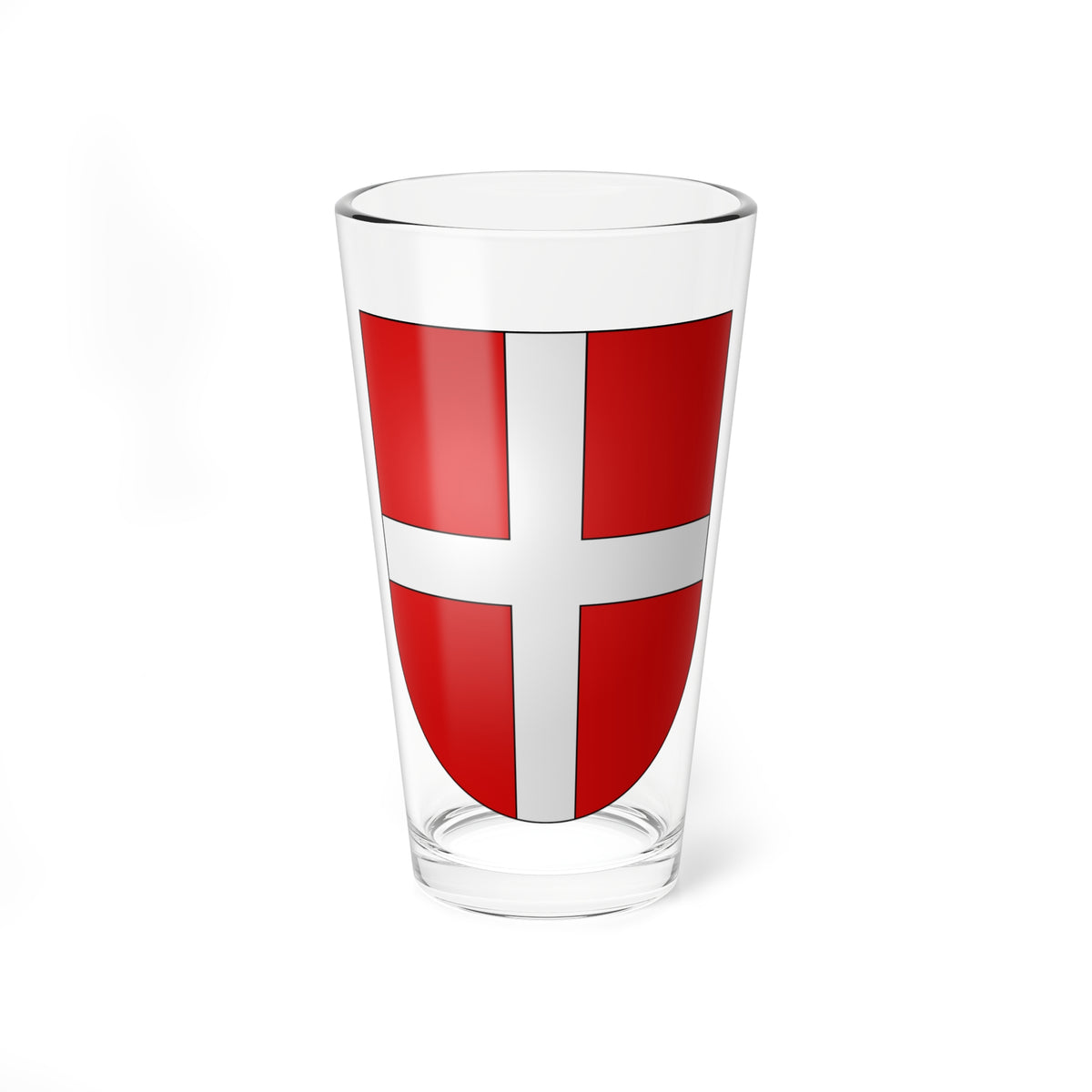 Heraldic shield with a white Latin cross running through a red field divided into four quarters