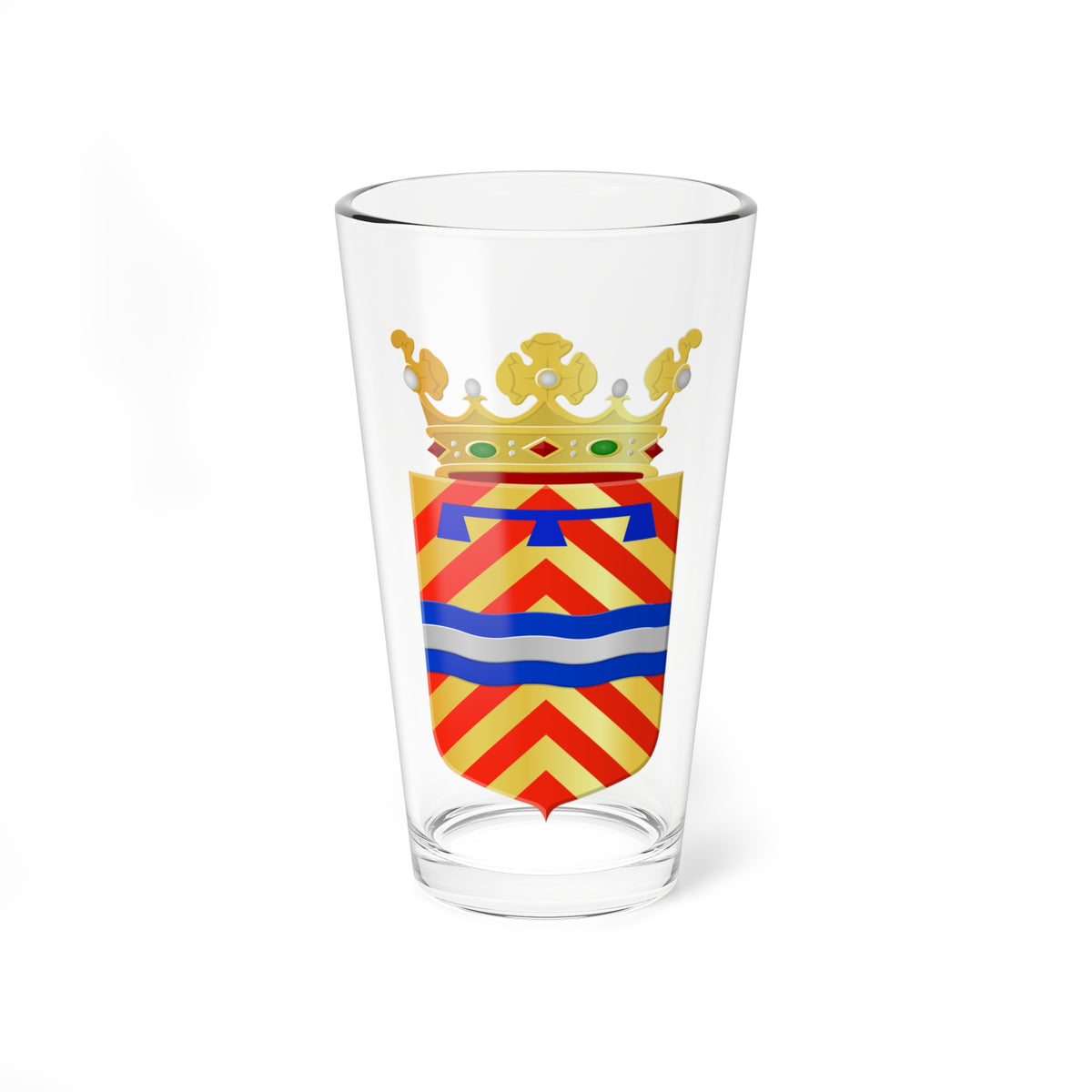 Heraldic shield of red and gold chevrons with a blue T-shaped charge and wavy bars, under a gold crown.